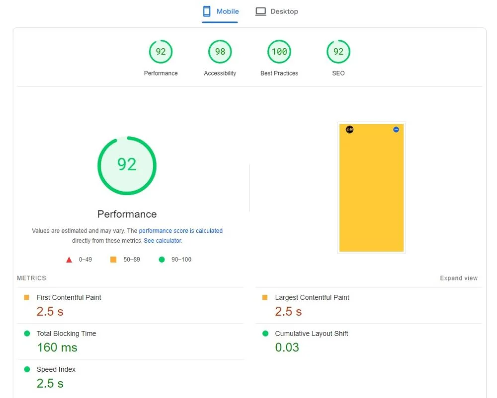 网站速度优化之后，PageSpeed Insights 的移动端测速评分报告