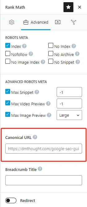 可以使用 Rank Math SEO 插件设置 canonical url