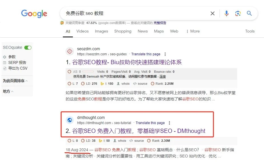 "免费谷歌 seo 教程" 排名在首页第 2 位